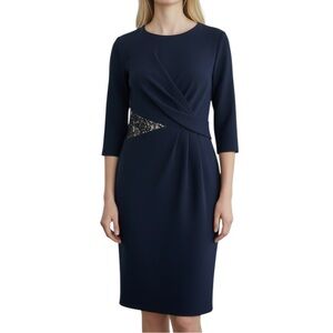 PORTS navy 3/4 sleeve lace cut out sheath cocktail dress  4 excellent condition